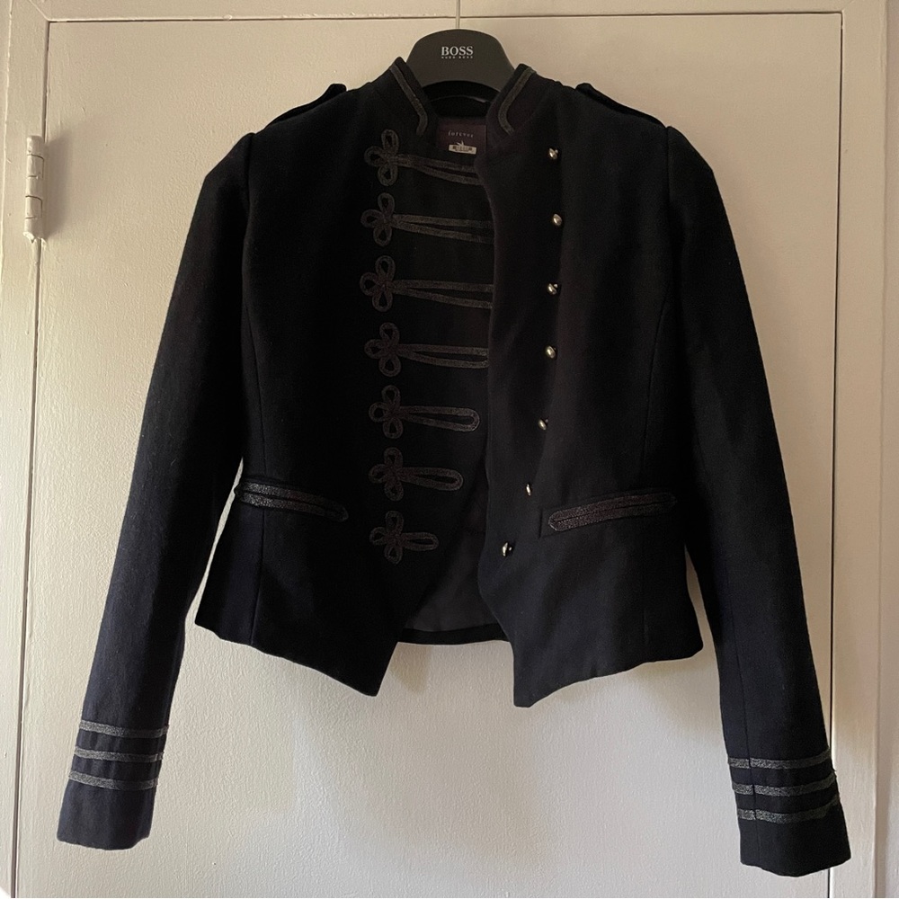 Forever 21 Navy Blue Cropped Military-Style Marching Band Jacket - Size Medium